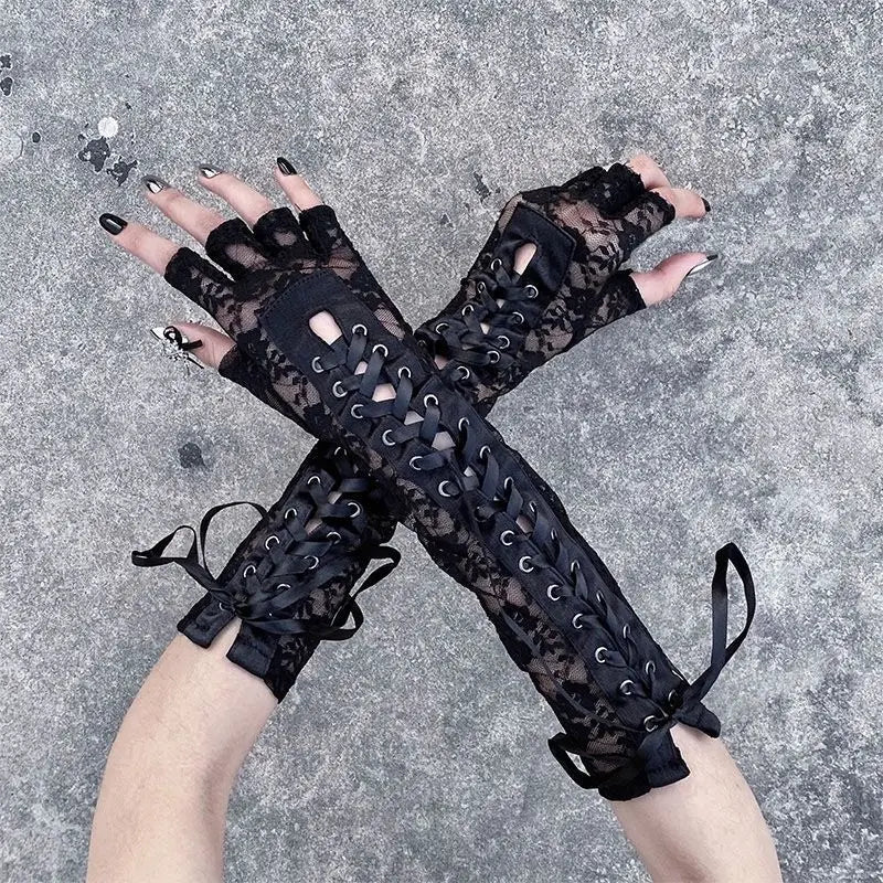 Floral Lace Elbow Length Half-Finger Gloves