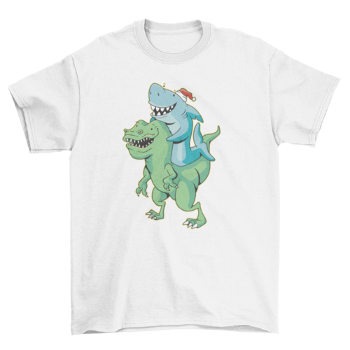 Shark Riding T-rex Christmas T-shirt