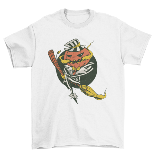 Pumpkin Riding Broom Halloween T-shirt