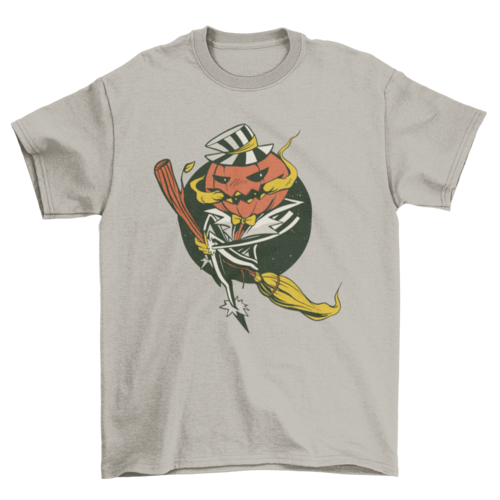 Pumpkin Riding Broom Halloween T-shirt