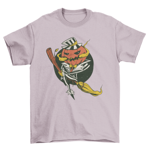 Pumpkin Riding Broom Halloween T-shirt