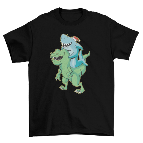Shark Riding T-rex Christmas T-shirt