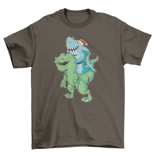 Shark Riding T-rex Christmas T-shirt