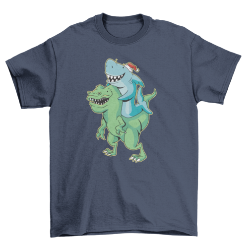 Shark Riding T-rex Christmas T-shirt