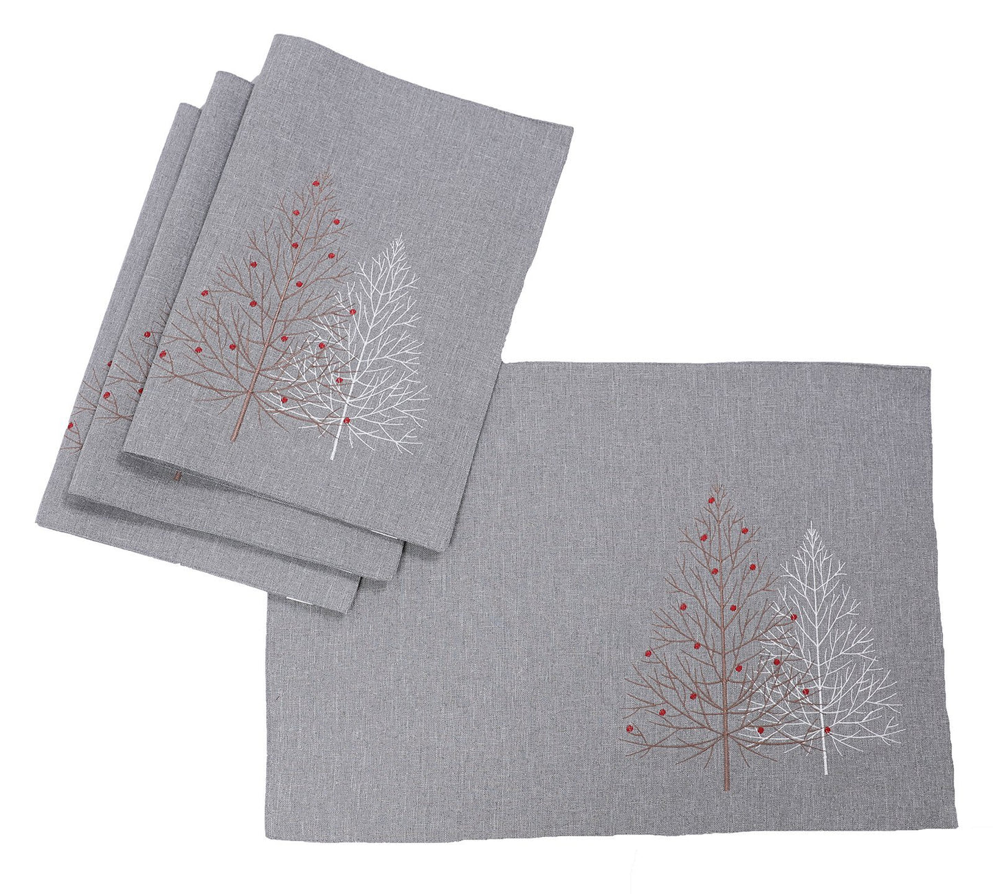 Festive Trees Embroidered Christmas Placemats 14 by 20-Inch, SET of 4
